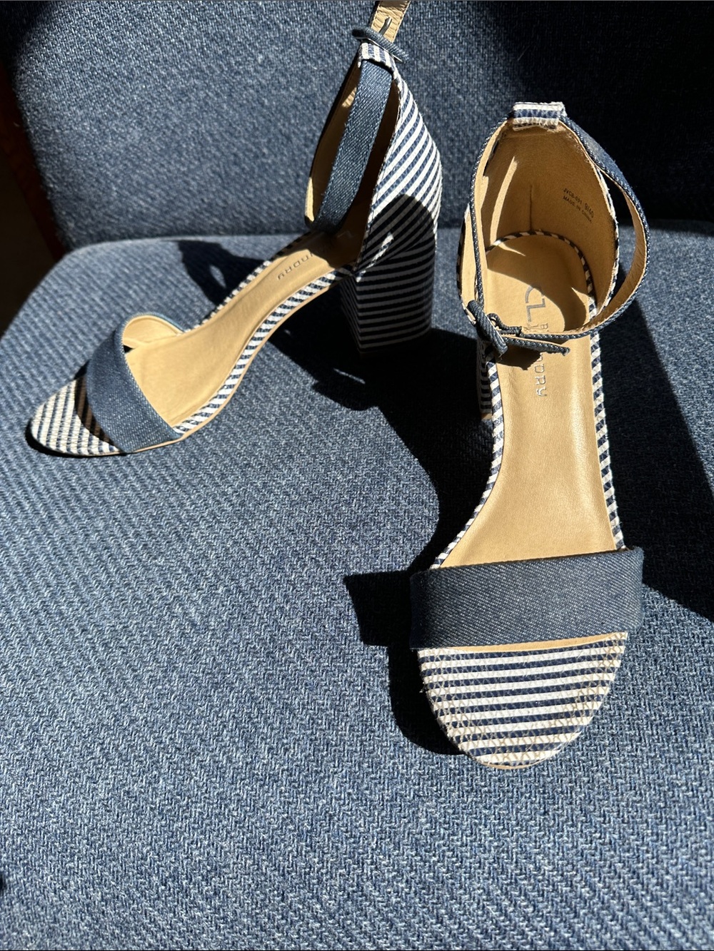 CL by Laundry Navy and White Striped Ankle-Strap Block Heel Sandals